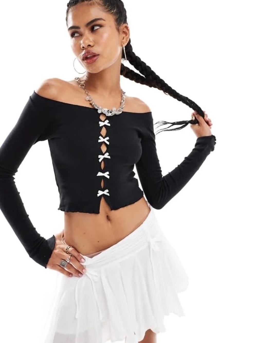 Minga Black Long-Sleeve Cropped Top with Bow Trim